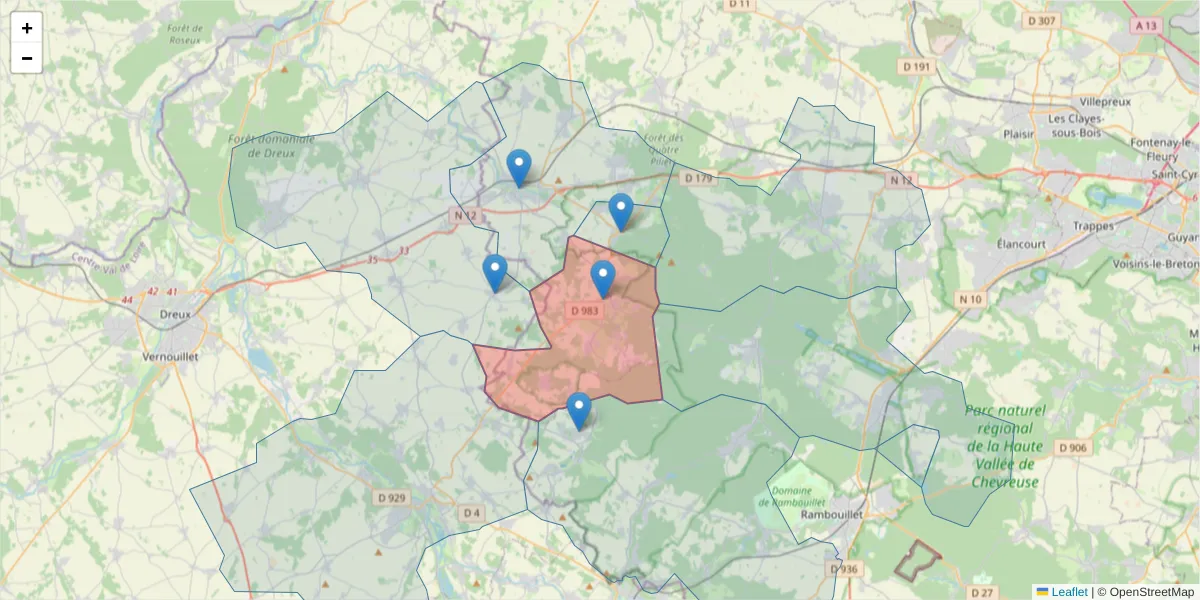 Carte de la zone du code postal  et des codes postaux voisins en France