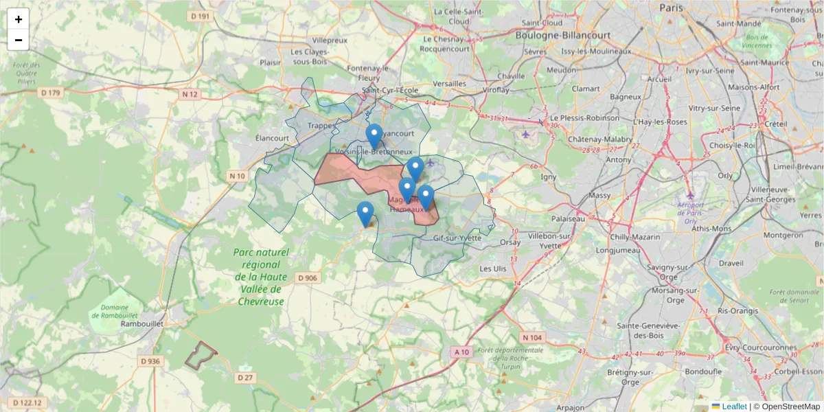 Carte de la zone du code postal  et des codes postaux voisins en France
