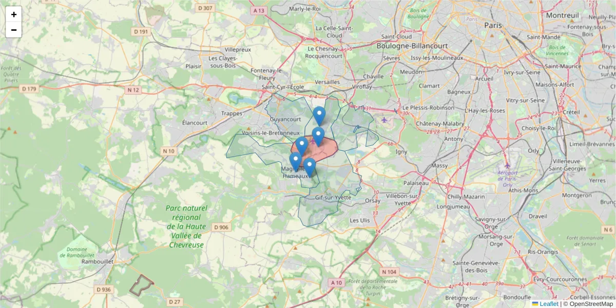 Carte de la zone du code postal  et des codes postaux voisins en France