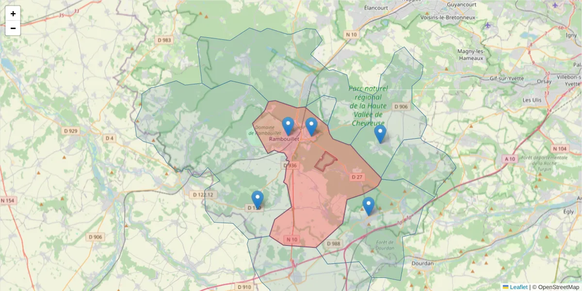 Carte de la zone du code postal  et des codes postaux voisins en France