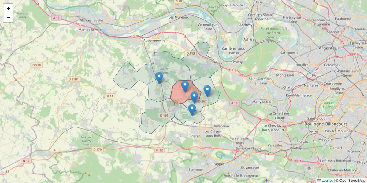 Carte de la zone du code postal  et des codes postaux voisins en France