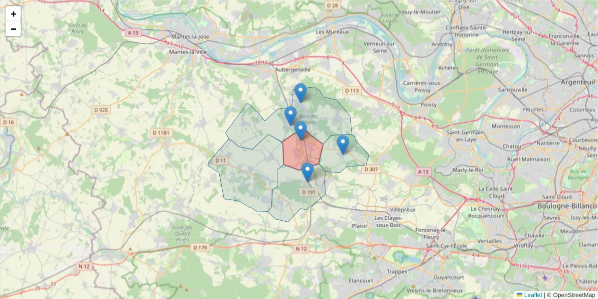 Carte de la zone du code postal  et des codes postaux voisins en France
