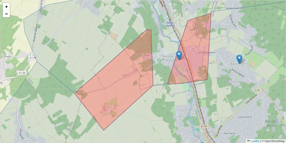 Carte de la zone du code postal  et des codes postaux voisins en France