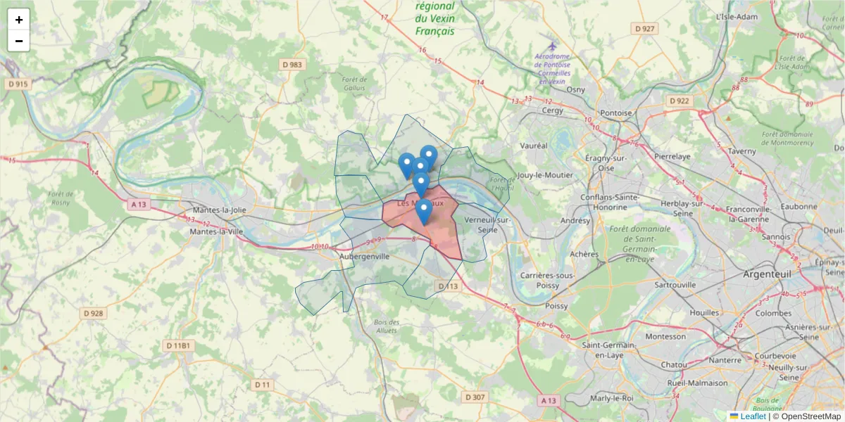 Carte de la zone du code postal  et des codes postaux voisins en France