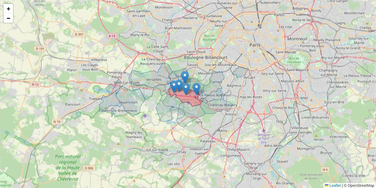 Carte de la zone du code postal  et des codes postaux voisins en France