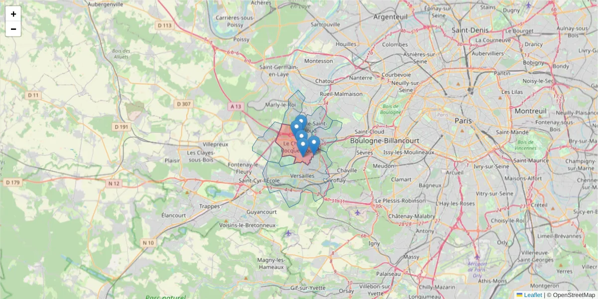 Carte de la zone du code postal  et des codes postaux voisins en France