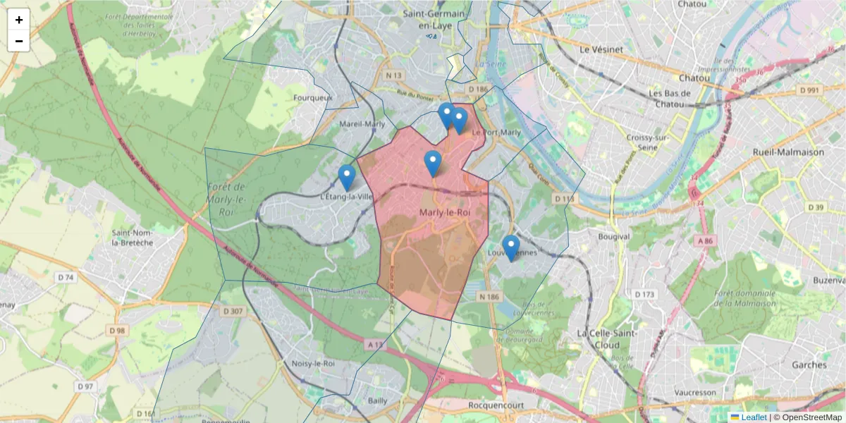 Carte de la zone du code postal  et des codes postaux voisins en France