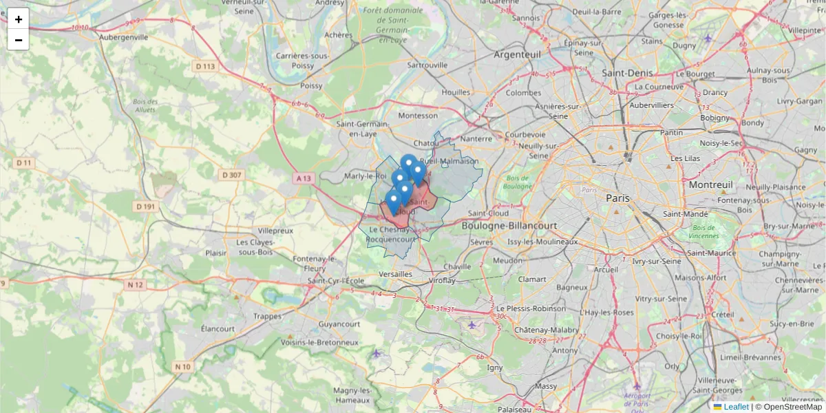 Carte de la zone du code postal  et des codes postaux voisins en France