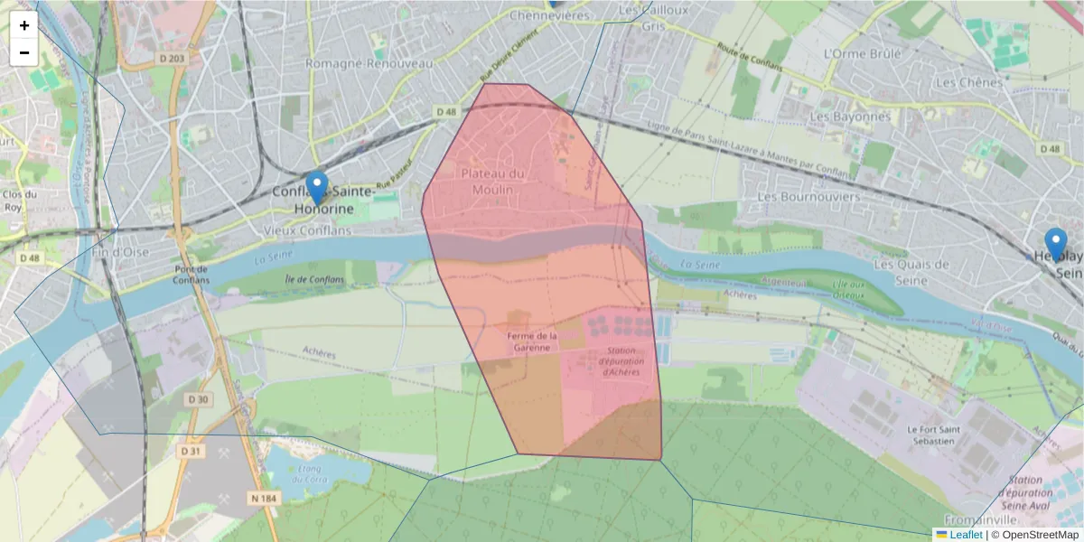 Carte de la zone du code postal  et des codes postaux voisins en France