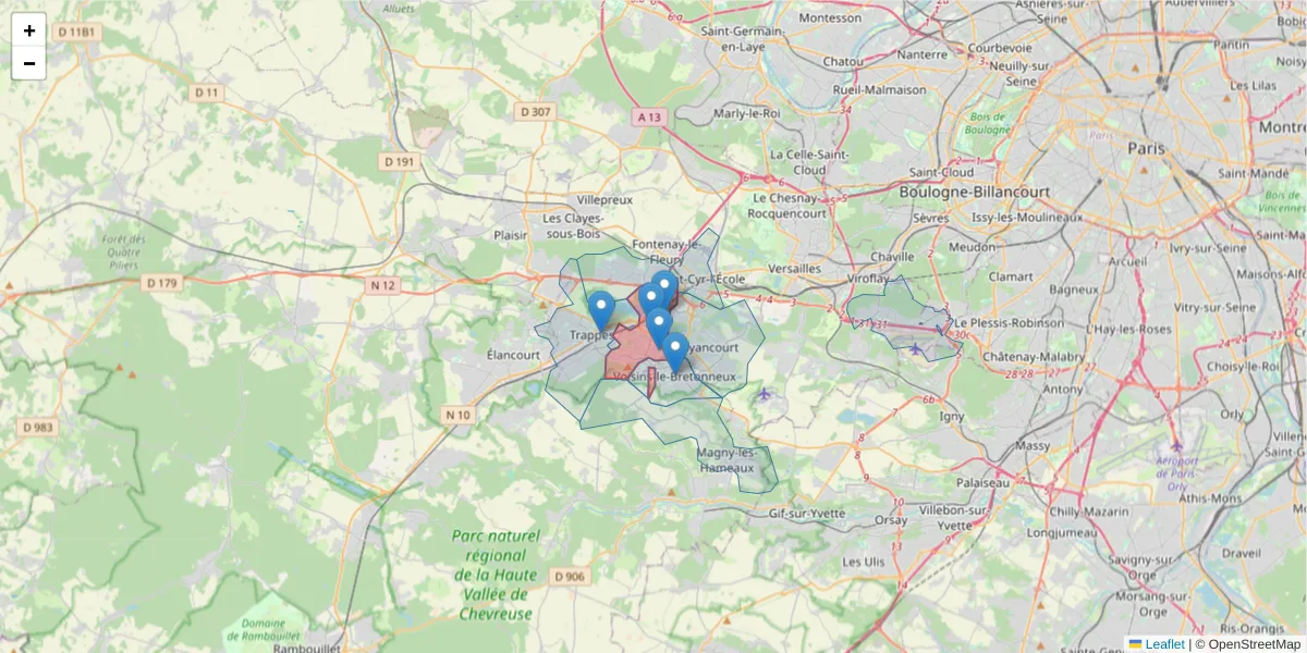 Carte de la zone du code postal  et des codes postaux voisins en France