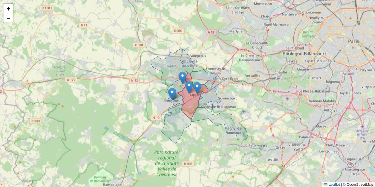 Carte de la zone du code postal  et des codes postaux voisins en France