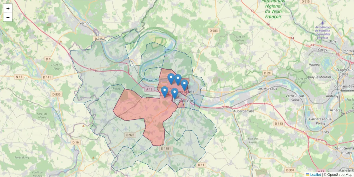Carte de la zone du code postal  et des codes postaux voisins en France