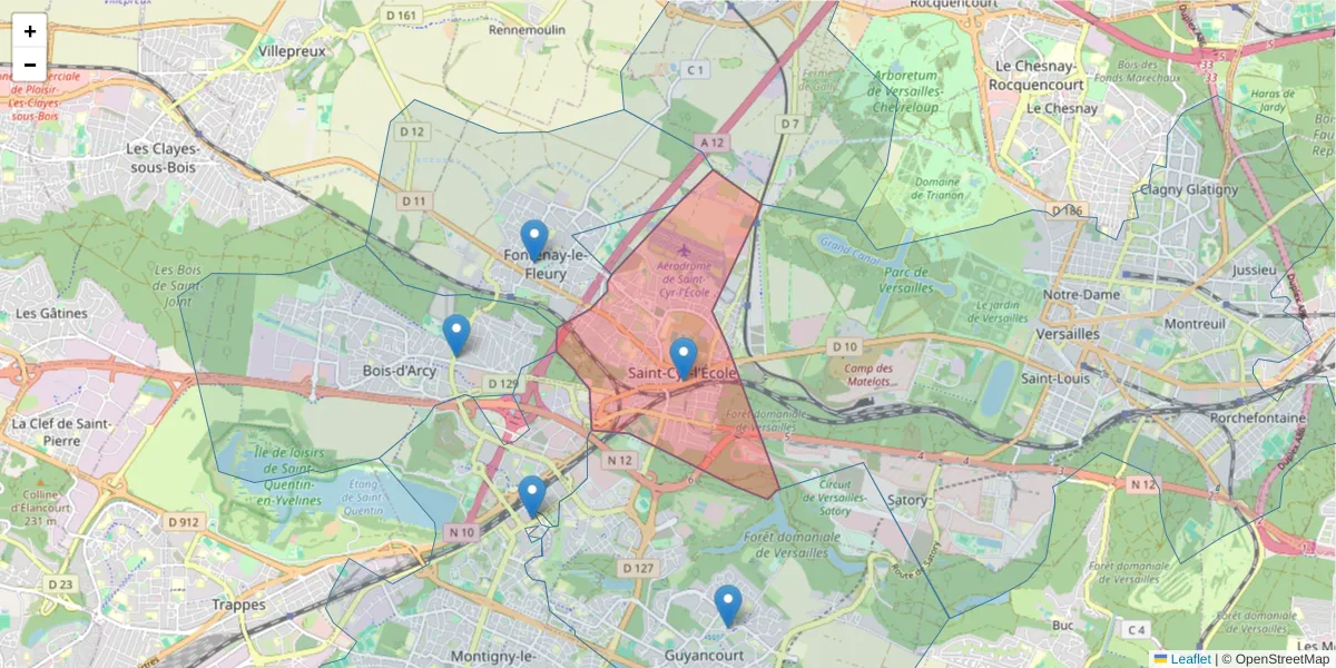Carte de la zone du code postal  et des codes postaux voisins en France