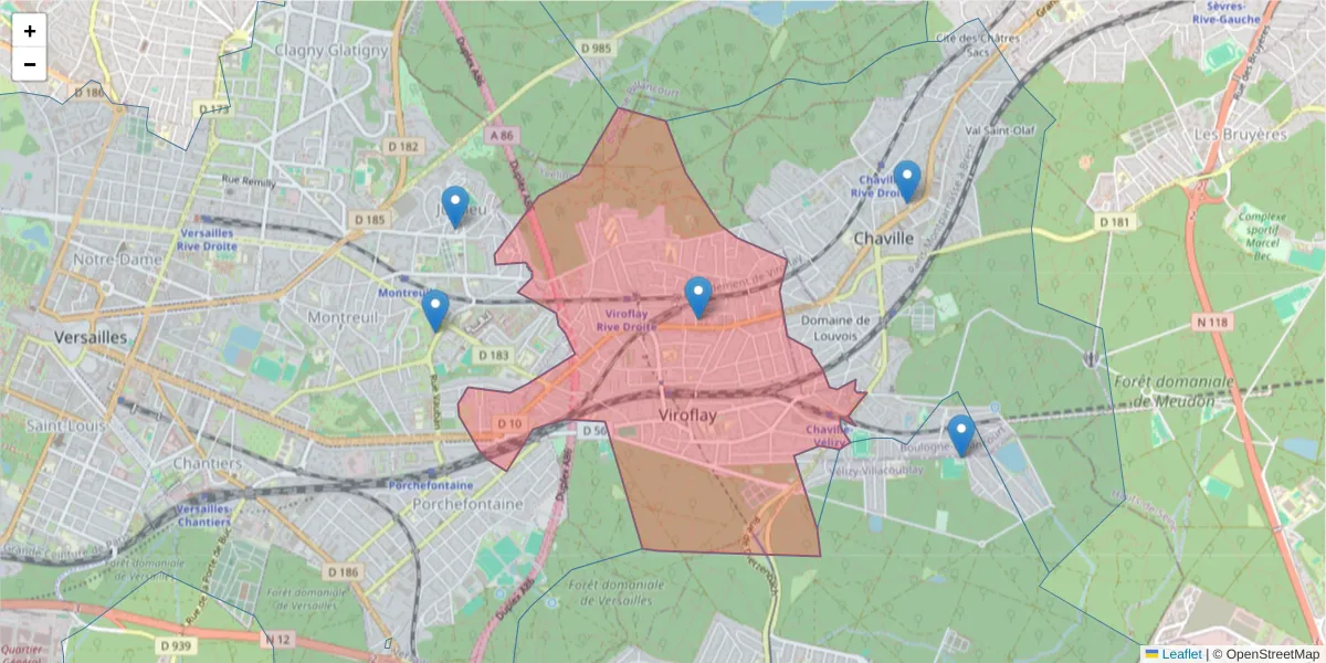 Carte de la zone du code postal  et des codes postaux voisins en France