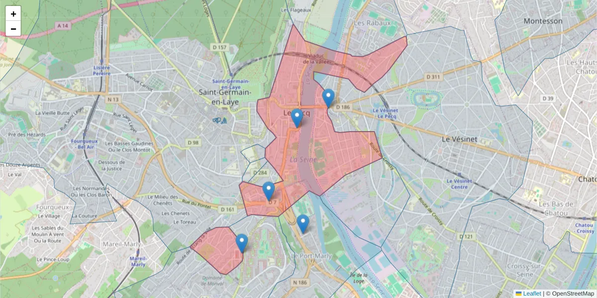Carte de la zone du code postal  et des codes postaux voisins en France