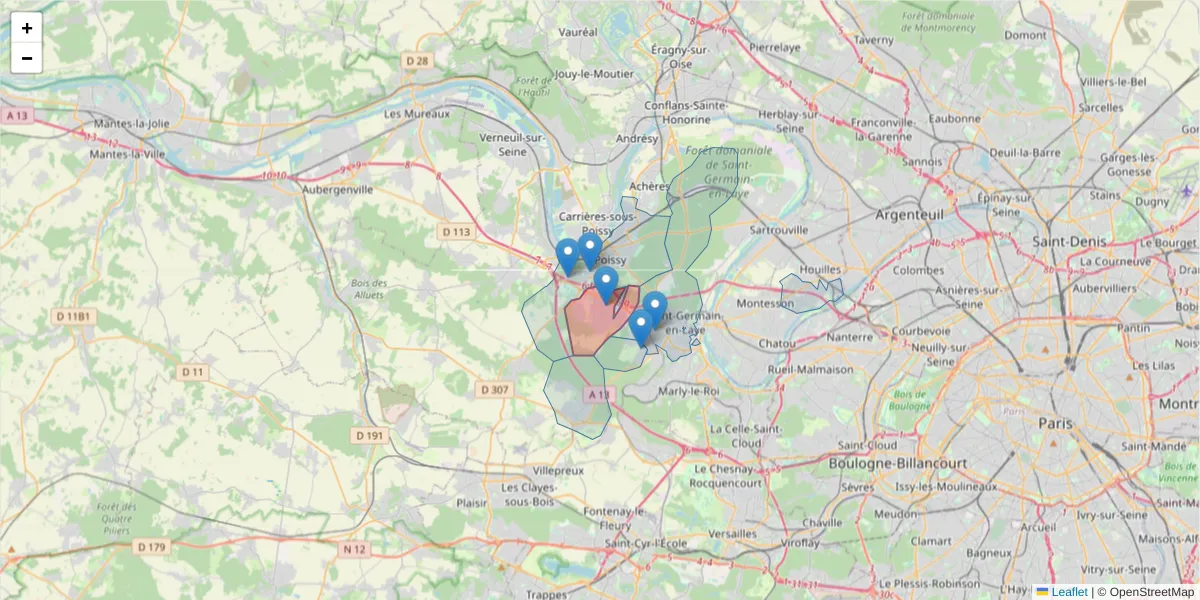 Carte de la zone du code postal  et des codes postaux voisins en France