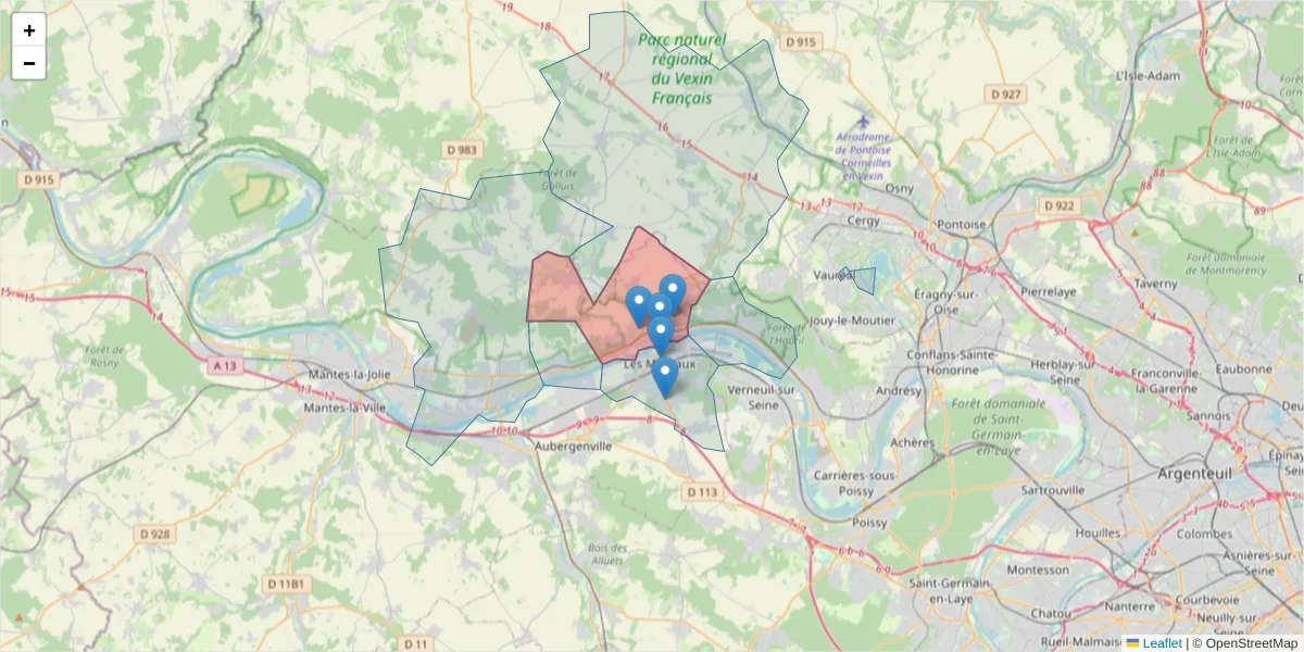 Carte de la zone du code postal  et des codes postaux voisins en France