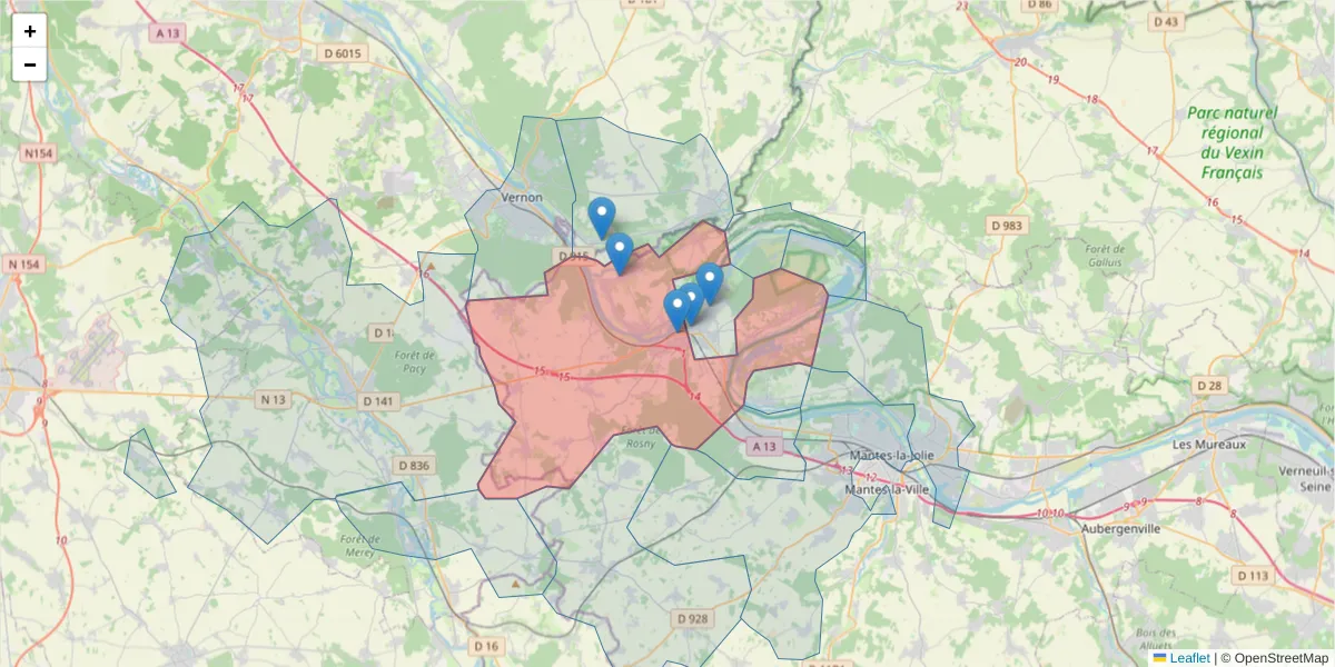 Carte de la zone du code postal  et des codes postaux voisins en France