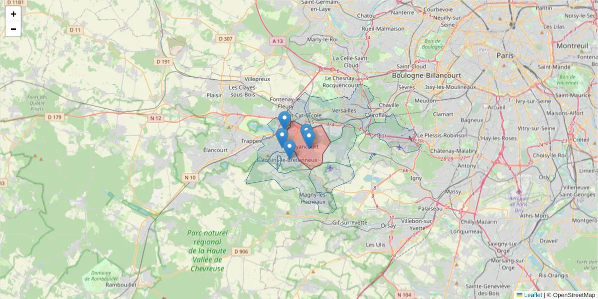 Carte de la zone du code postal  et des codes postaux voisins en France