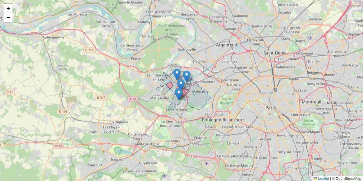 Carte de la zone du code postal  et des codes postaux voisins en France