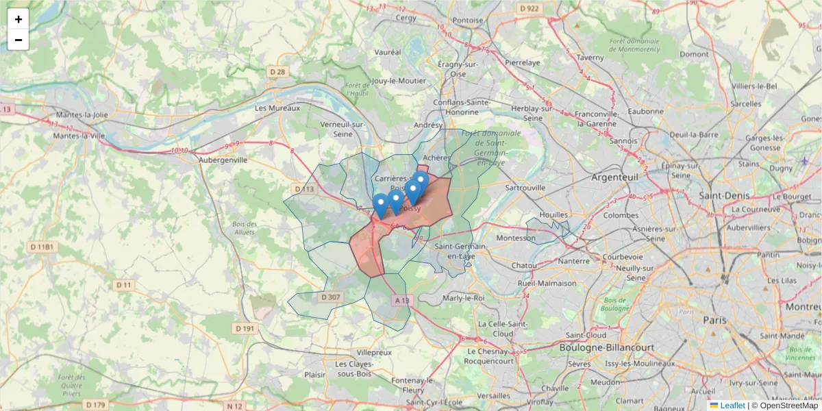 Carte de la zone du code postal  et des codes postaux voisins en France
