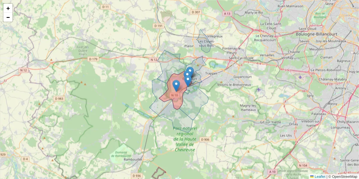 Carte de la zone du code postal  et des codes postaux voisins en France