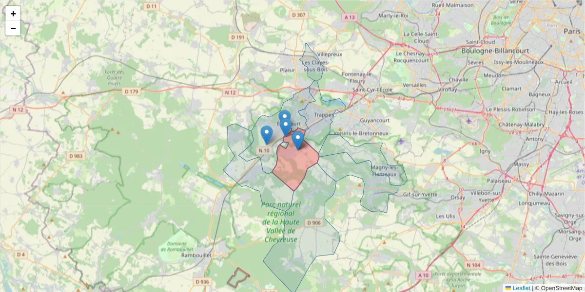 Carte de la zone du code postal  et des codes postaux voisins en France