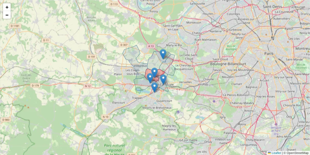 Carte de la zone du code postal  et des codes postaux voisins en France