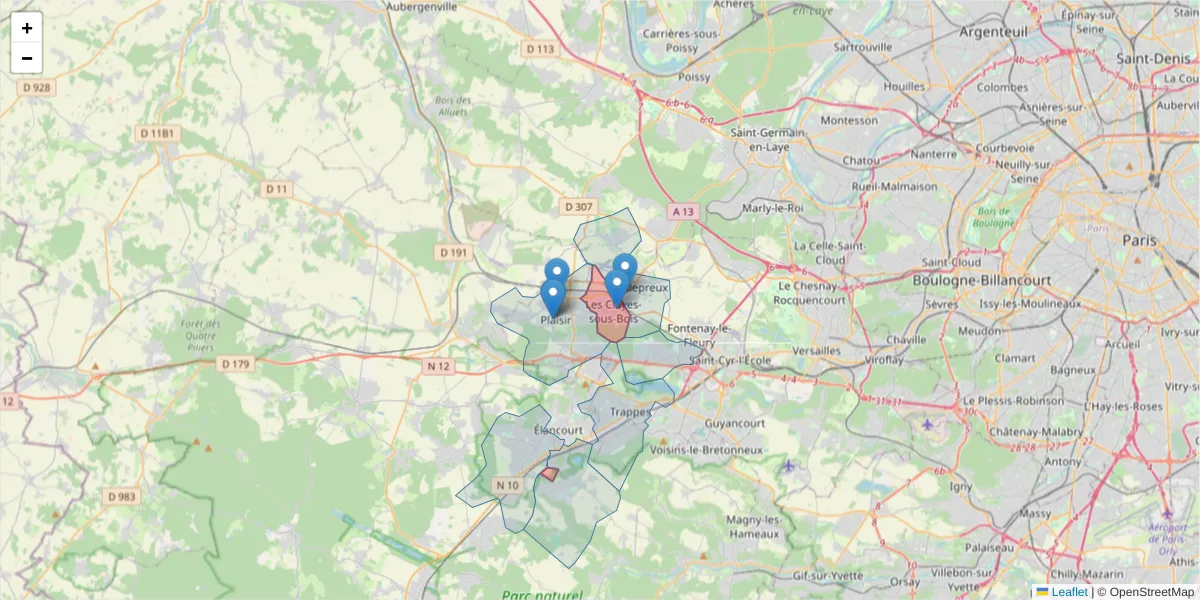 Carte de la zone du code postal  et des codes postaux voisins en France