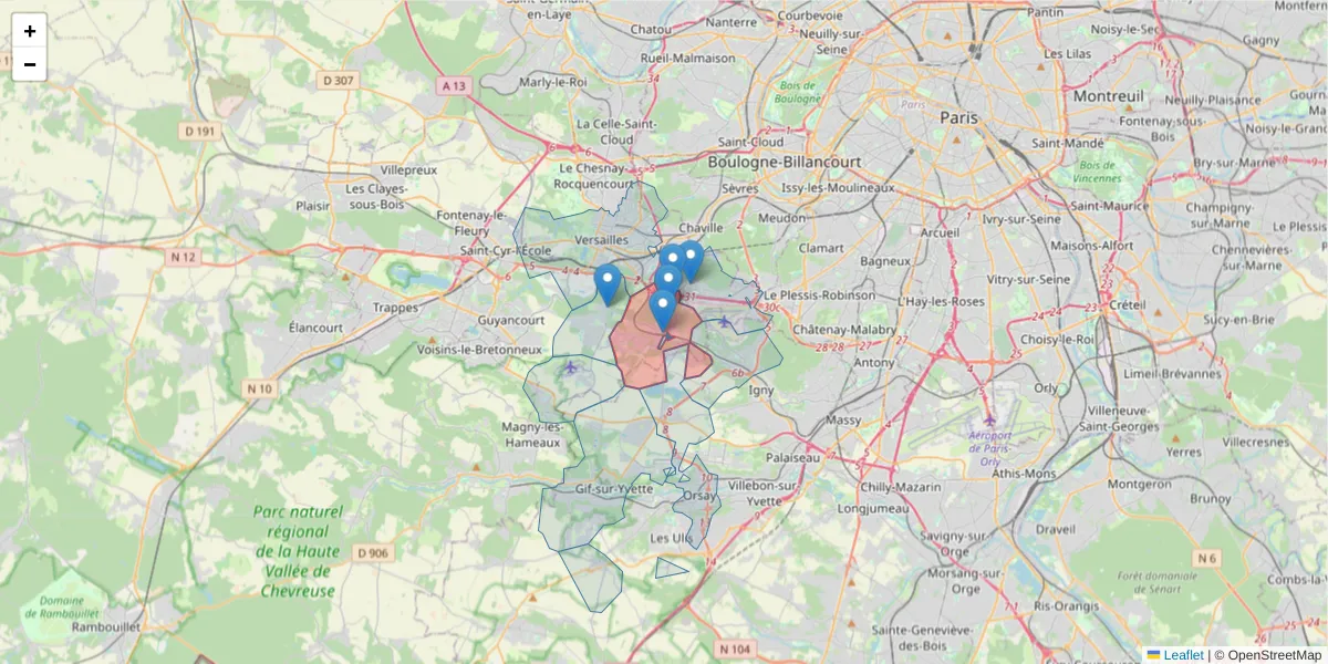 Carte de la zone du code postal  et des codes postaux voisins en France