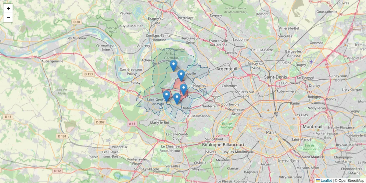 Carte de la zone du code postal  et des codes postaux voisins en France