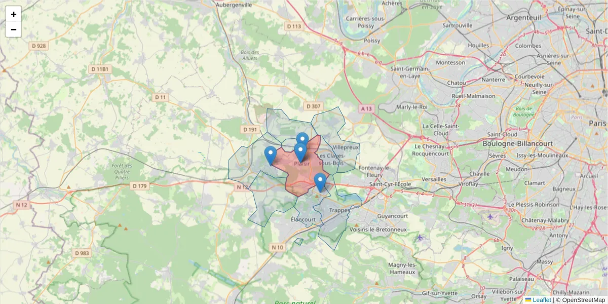 Carte de la zone du code postal  et des codes postaux voisins en France