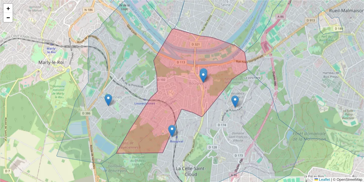 Carte de la zone du code postal  et des codes postaux voisins en France