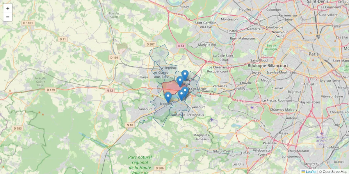 Carte de la zone du code postal  et des codes postaux voisins en France