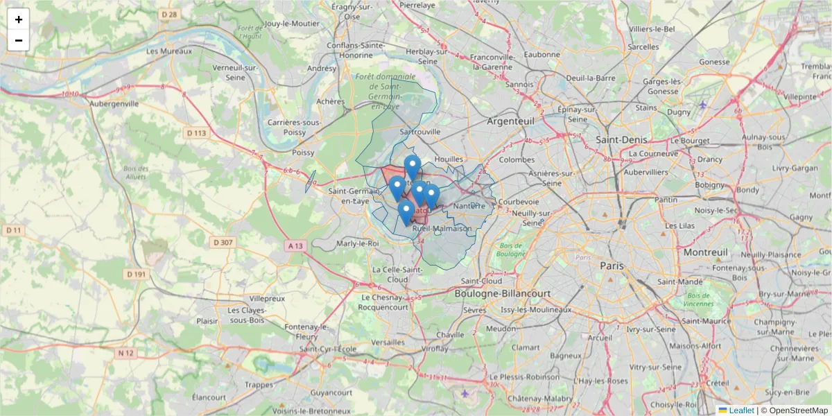 Carte de la zone du code postal  et des codes postaux voisins en France