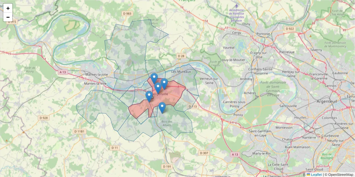 Carte de la zone du code postal  et des codes postaux voisins en France