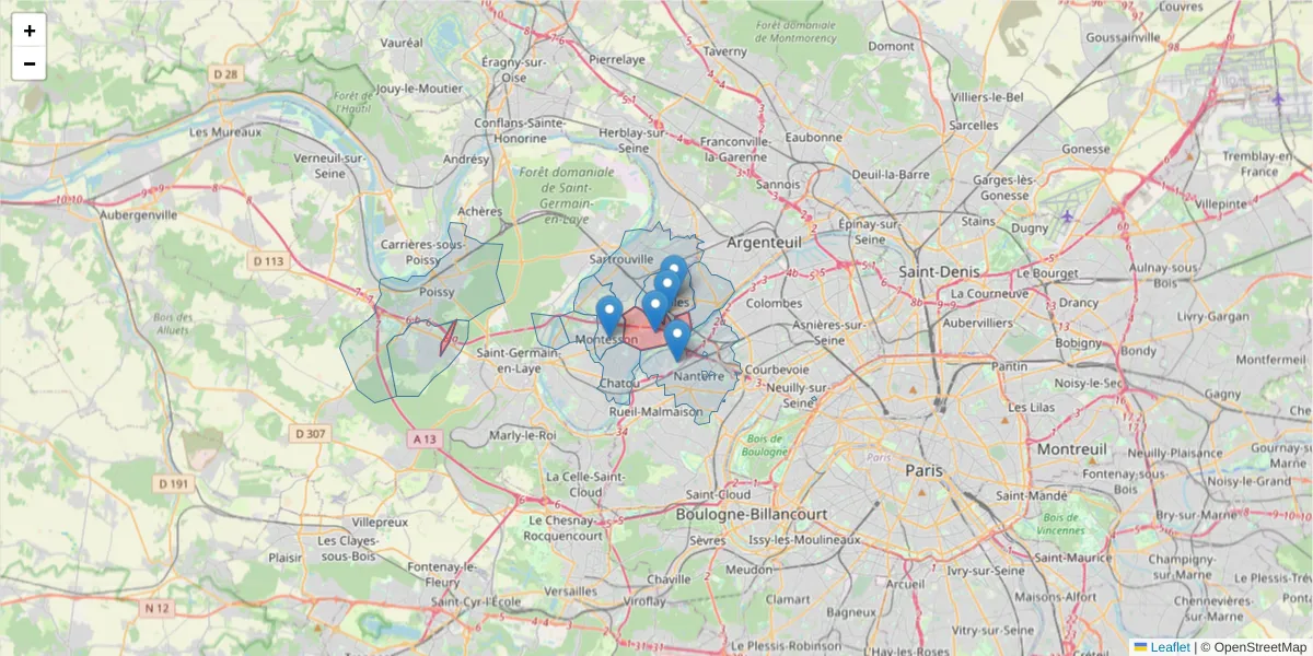 Carte de la zone du code postal  et des codes postaux voisins en France