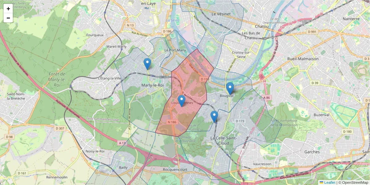 Carte de la zone du code postal  et des codes postaux voisins en France