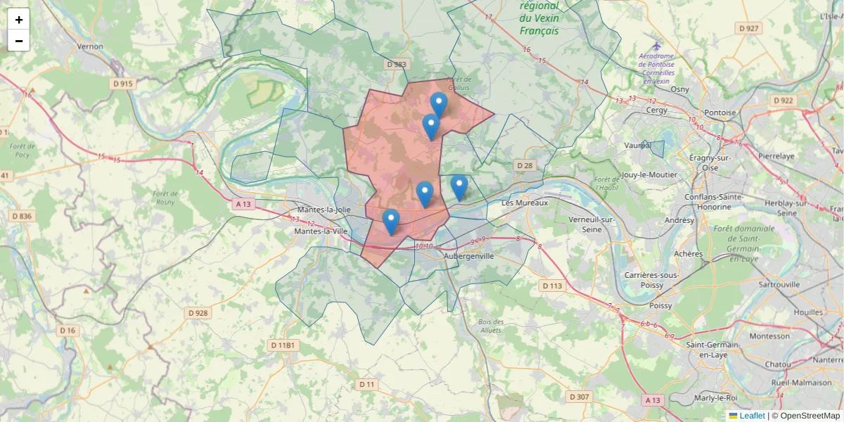 Carte de la zone du code postal  et des codes postaux voisins en France