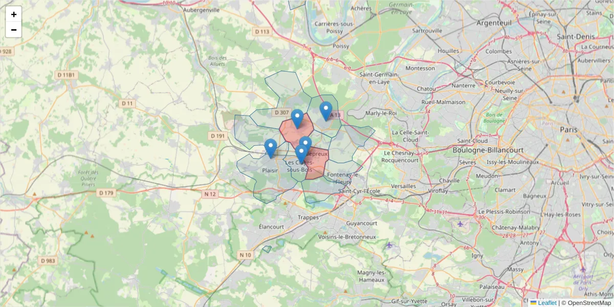 Carte de la zone du code postal  et des codes postaux voisins en France