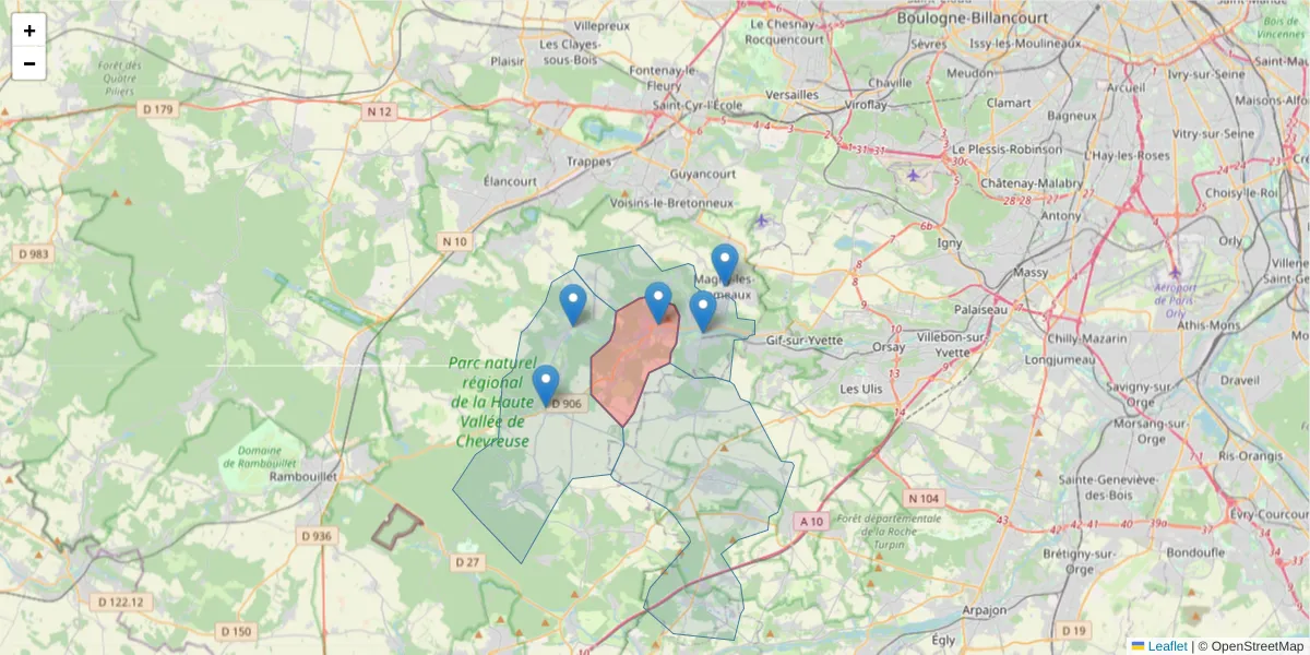 Carte de la zone du code postal  et des codes postaux voisins en France