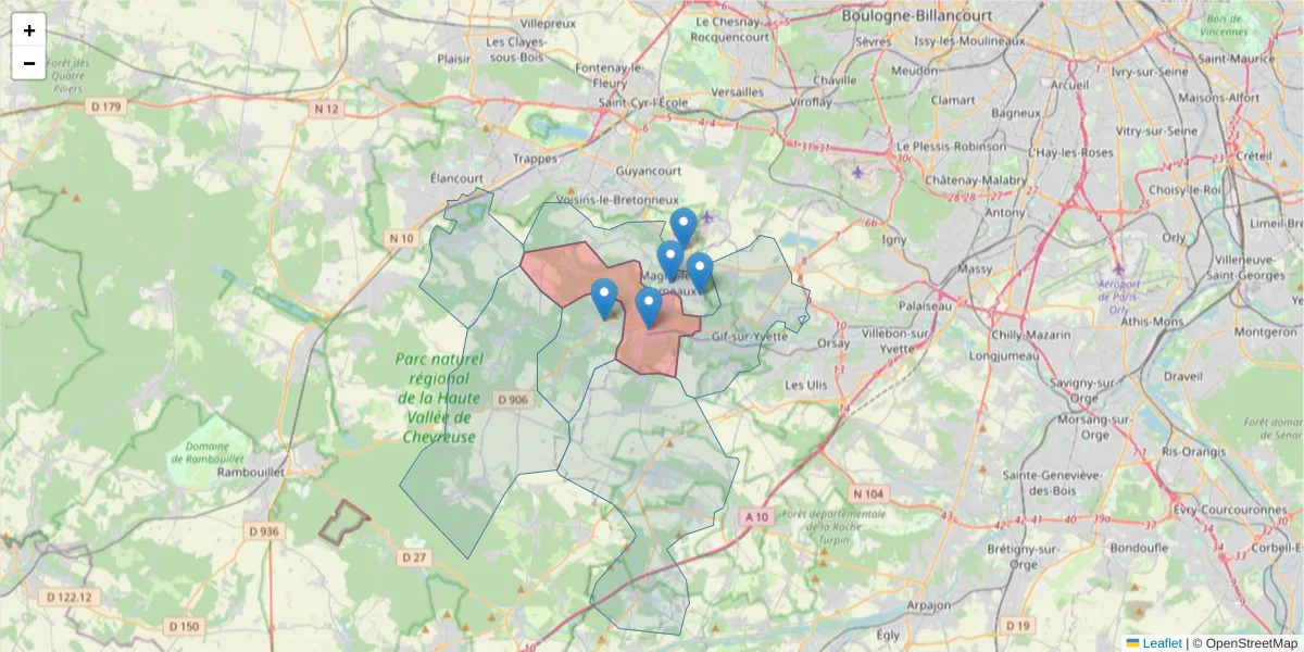 Carte de la zone du code postal  et des codes postaux voisins en France