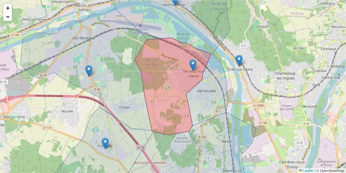 Carte de la zone du code postal  et des codes postaux voisins en France