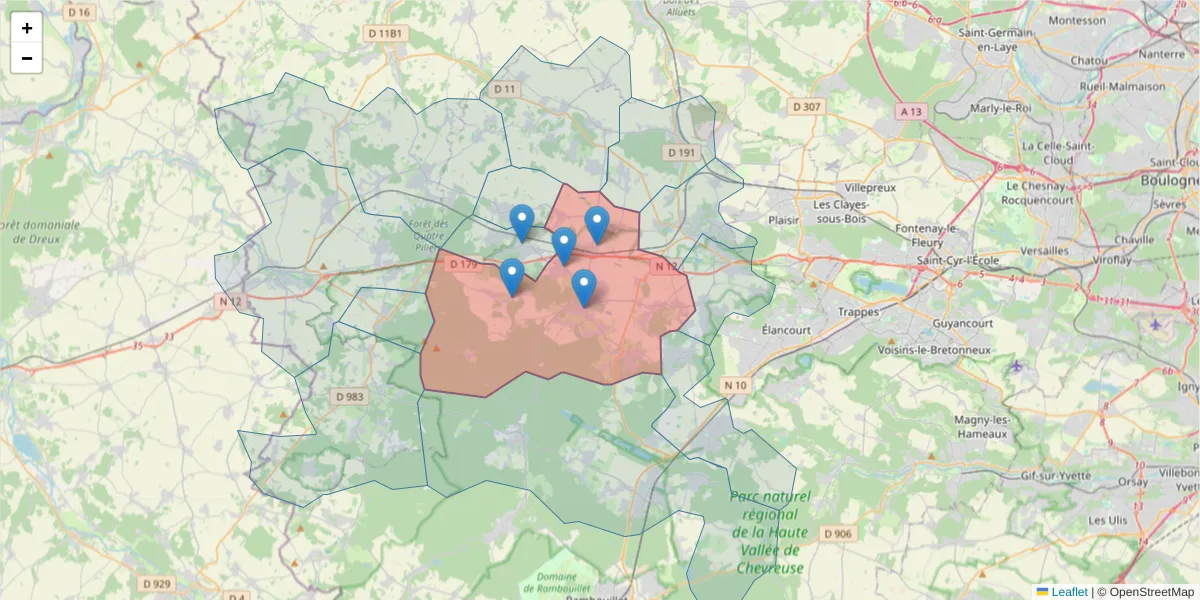 Carte de la zone du code postal  et des codes postaux voisins en France