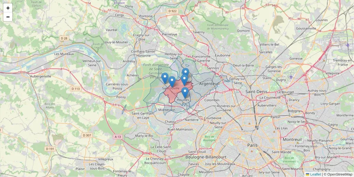 Carte de la zone du code postal  et des codes postaux voisins en France