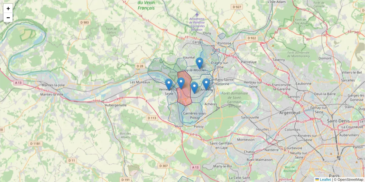 Carte de la zone du code postal  et des codes postaux voisins en France
