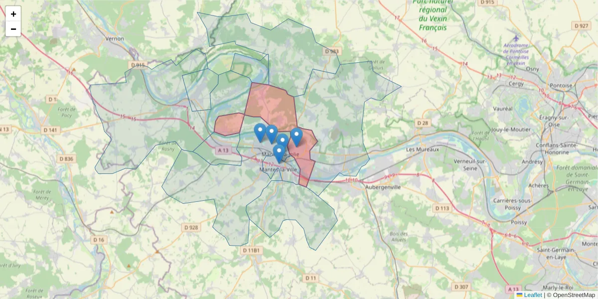 Carte de la zone du code postal  et des codes postaux voisins en France