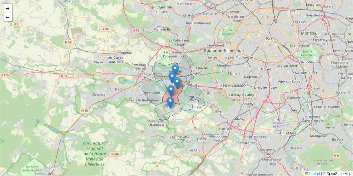 Carte de la zone du code postal  et des codes postaux voisins en France