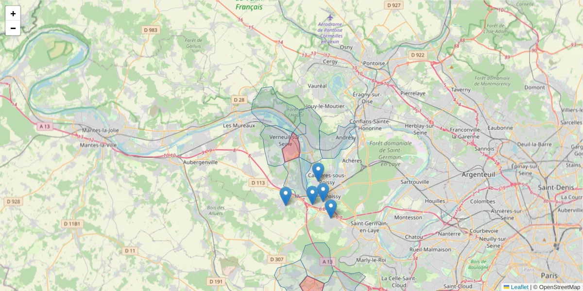 Carte de la zone du code postal  et des codes postaux voisins en France