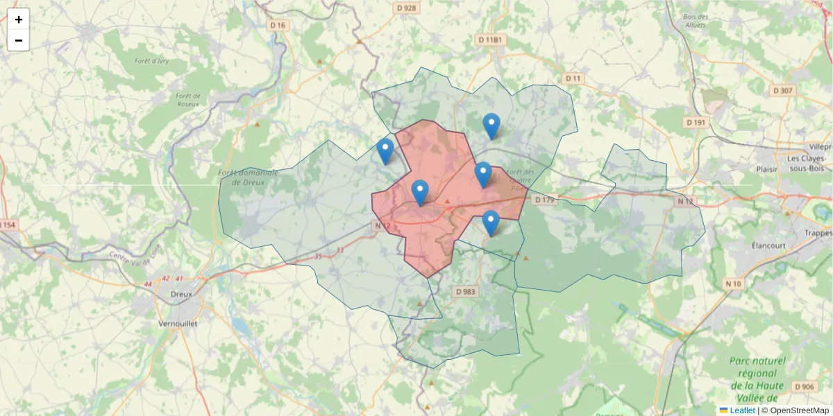 Carte de la zone du code postal  et des codes postaux voisins en France
